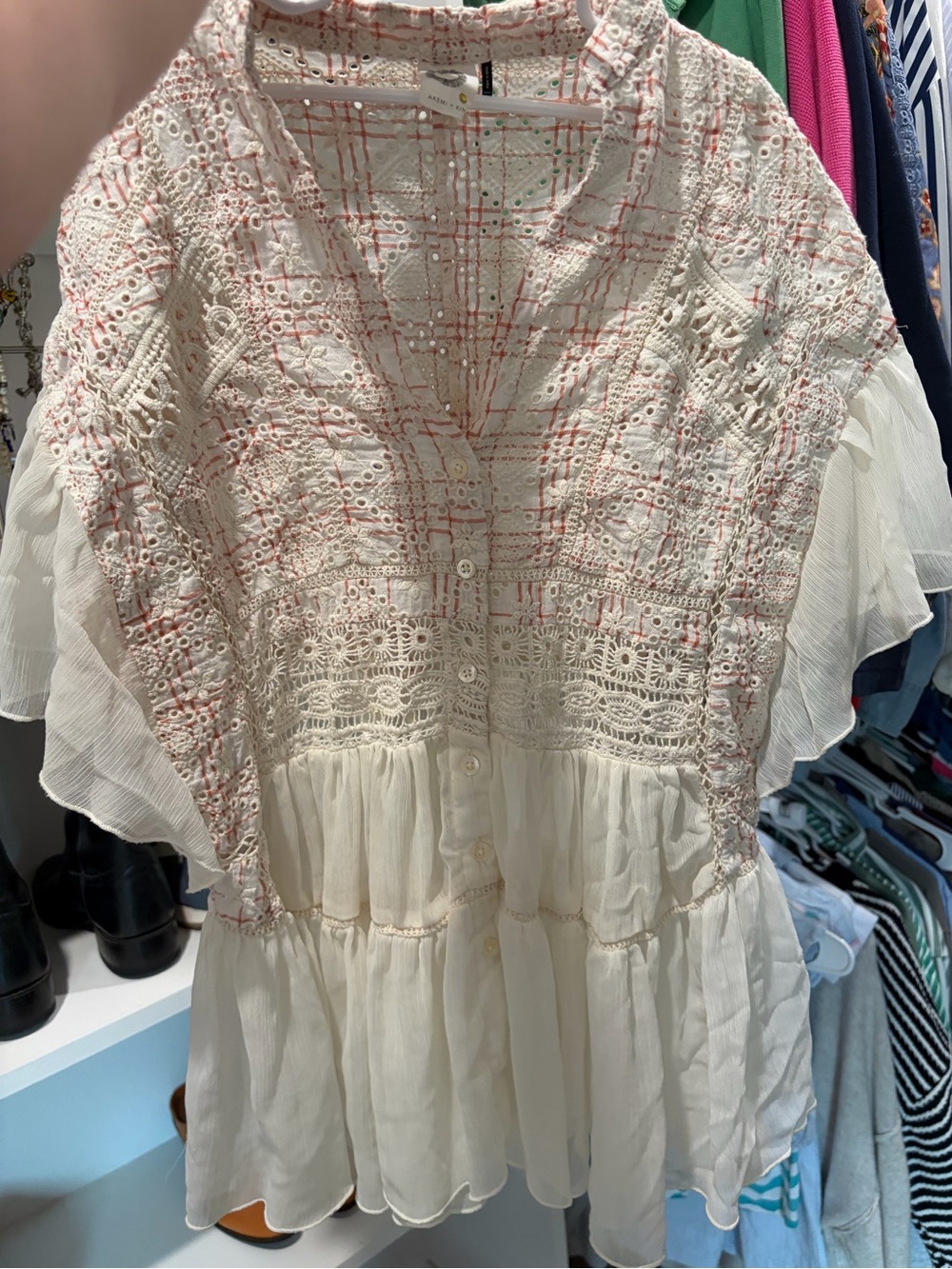 Anthropologie Cream Eyelet & Lace Peplum Blouse with Pink Accents